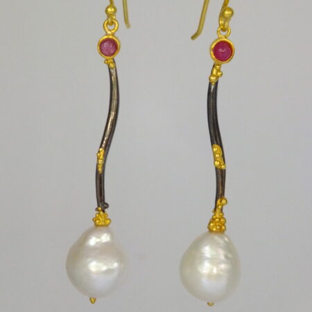 Ruby, pearl, gold & black rhodium earrings